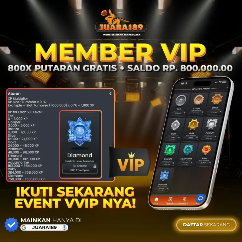 Promo Member VIP JUARA189: 800x putaran gratis dan saldo Rp 800.000